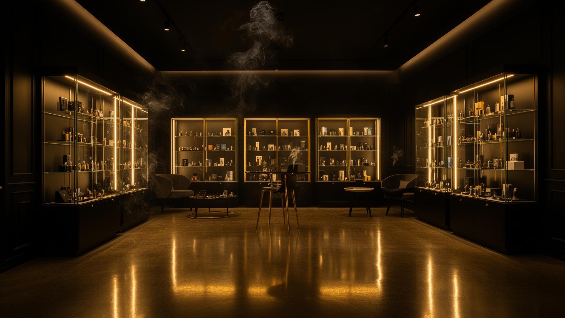 Luxury smoke shop interior with gold lighting